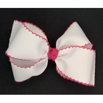 White / Shocking Pink Pico Stitch Bow - 6 Inch